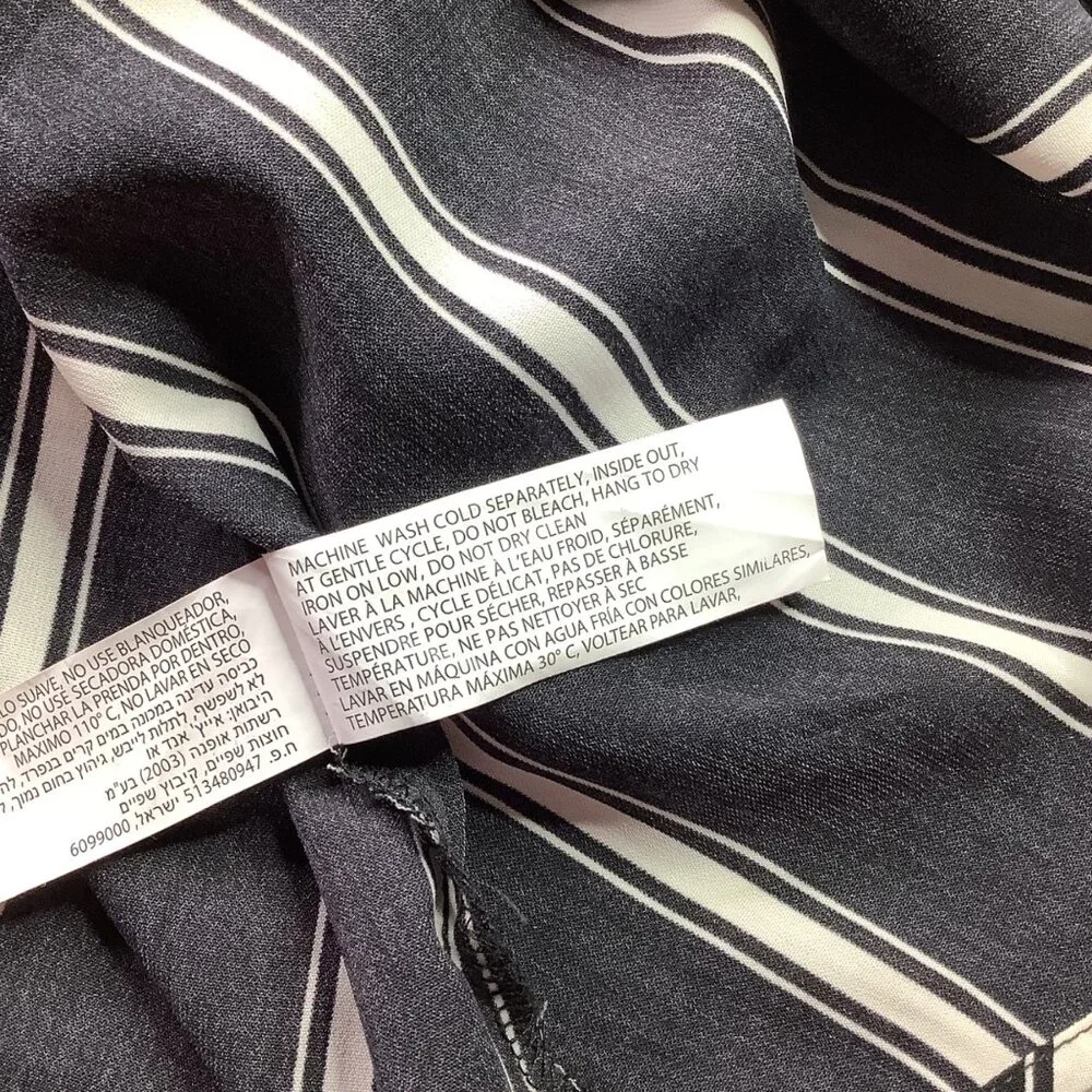 Striped Black & White Midi Dress Roll-Up Sleeves Drawstring Waist Old Money - Picture 8 of 10